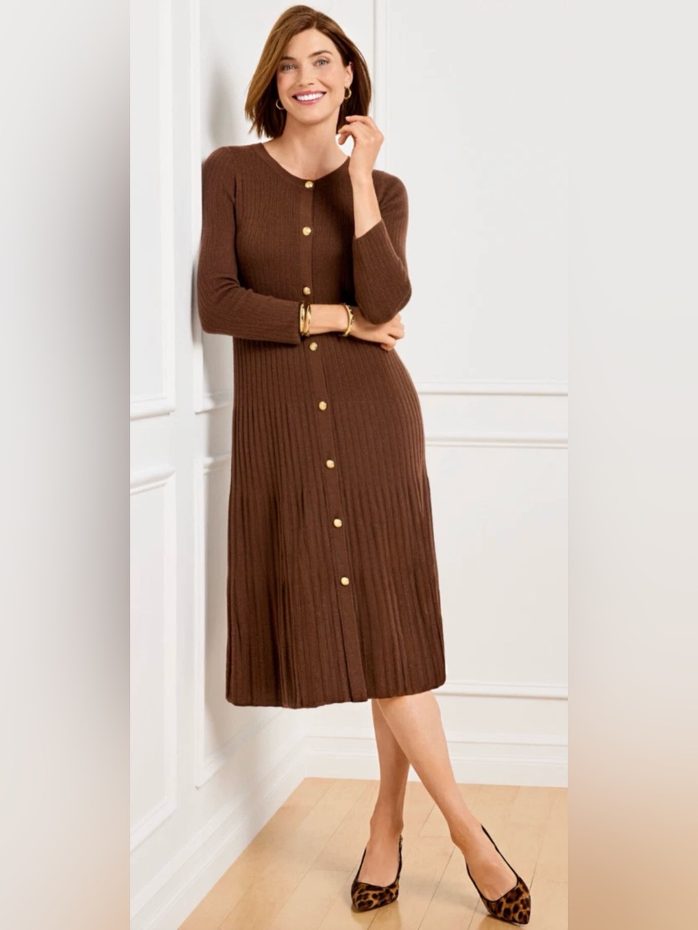 Talbots Chocolate Brown Ribbed Button-Front Midi Dress 100% Merino Wool
